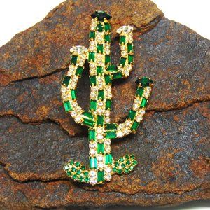 Saguaro Cactus Pin Vintage Rhinestone Crystal Brooch Southwest Desert BeadRage